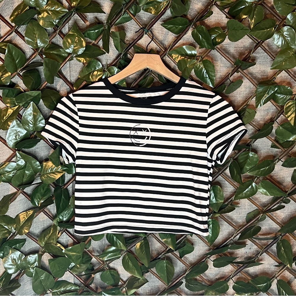 Salty Savage Striped Smiley/Sad face Grunge Crop Tee